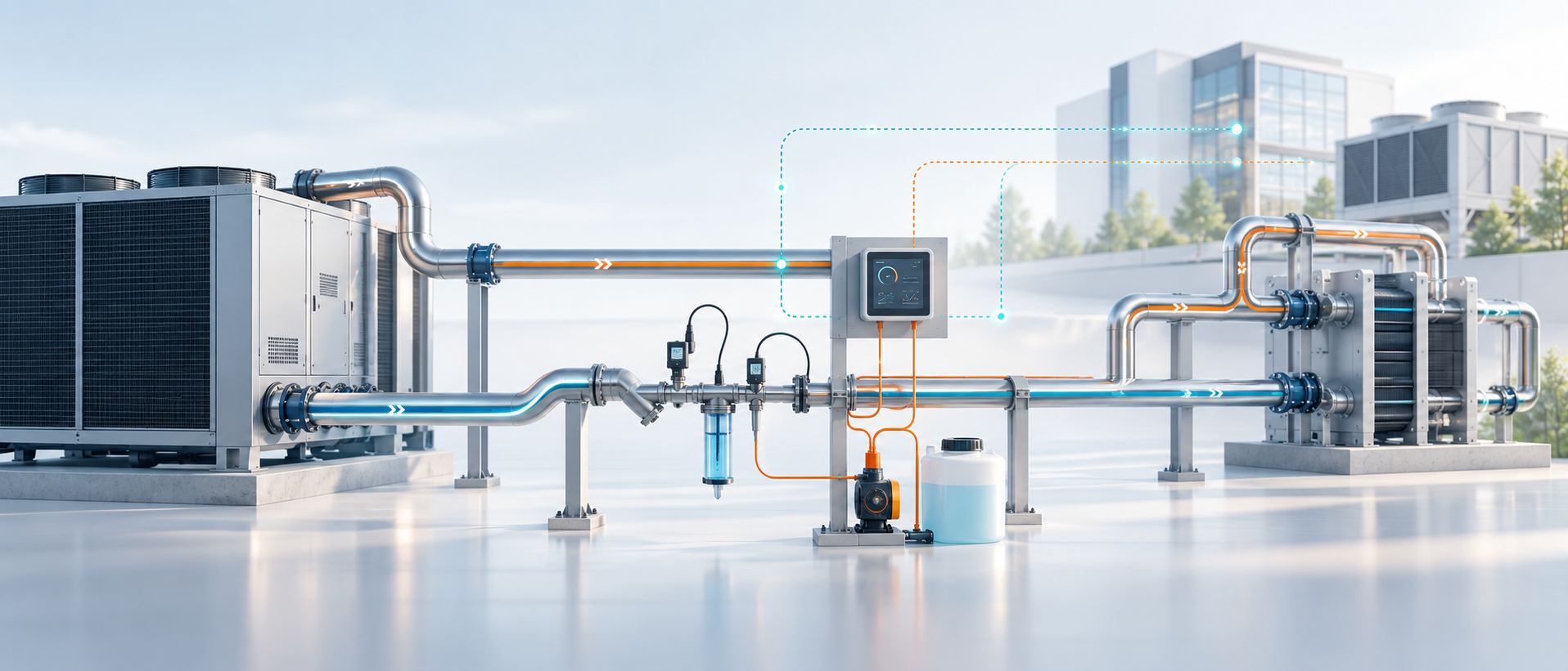 Closed-loop heating and cooling system with monitoring sensors, controller, dosing pump and chemical treatment tank.