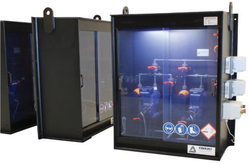 Iwaki dosing cabinet - back plate with the pumps and hoses is installed in the cabinet